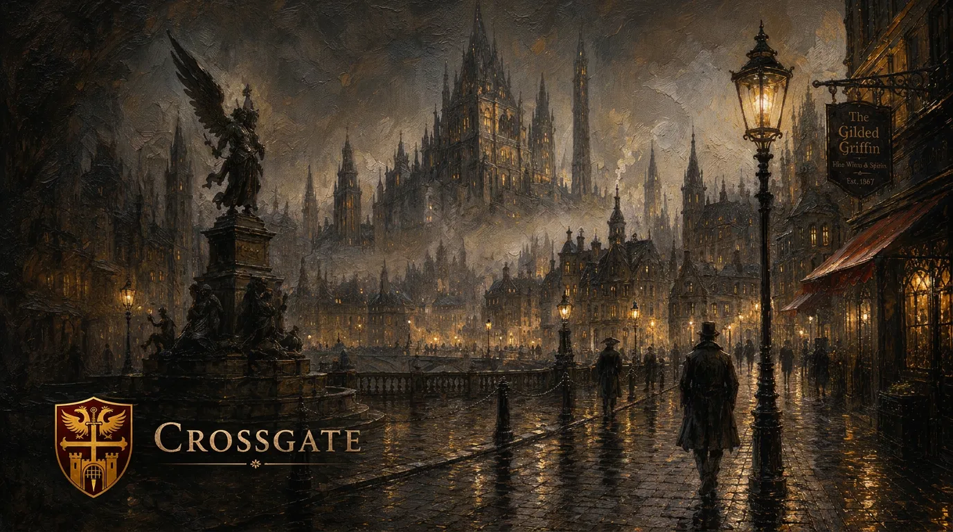 The lower wards of Crossgate: lit windows and gas lamps along the rain-slick street beneath the bridge.